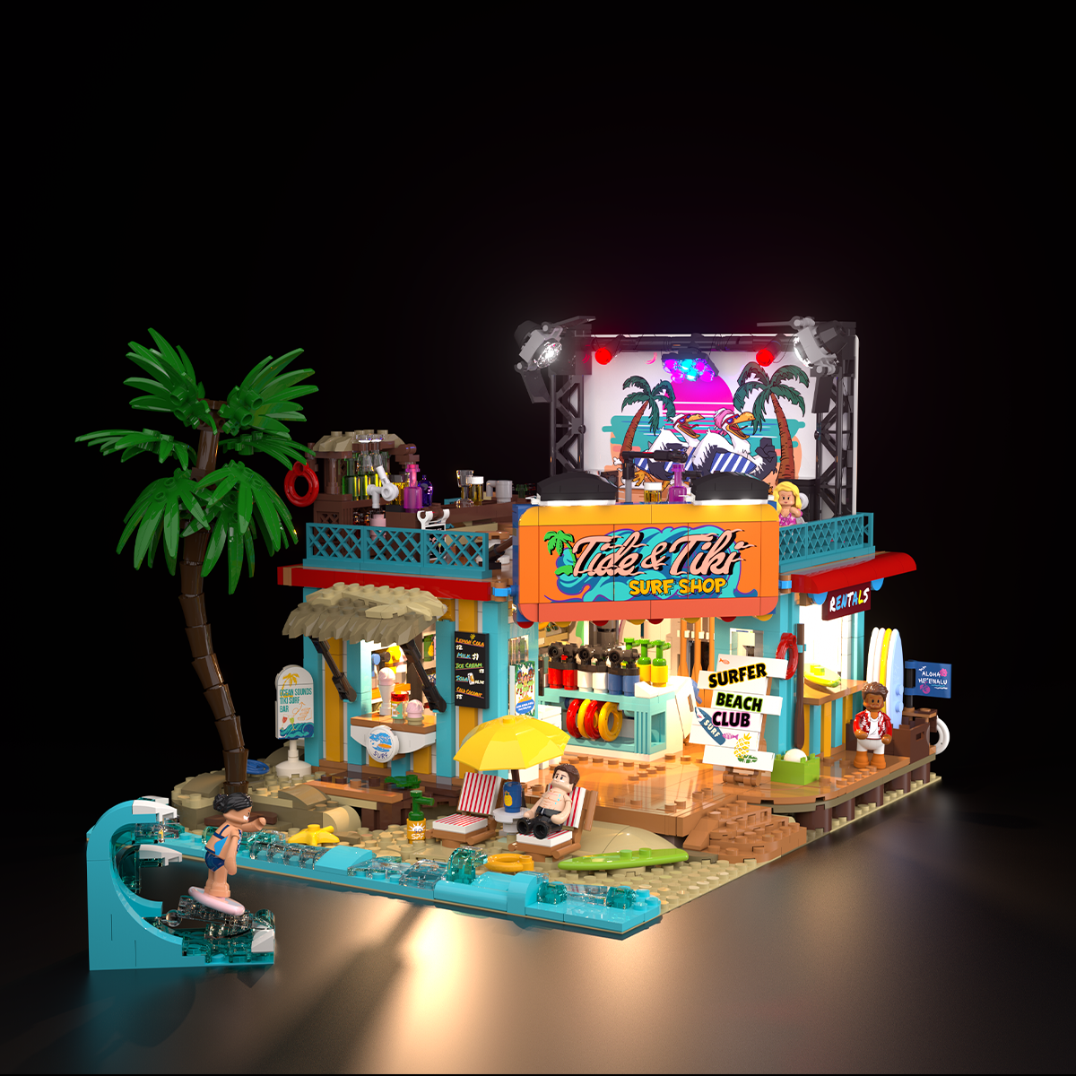 Boutique de surf du littoral, avec lumières, vue principale