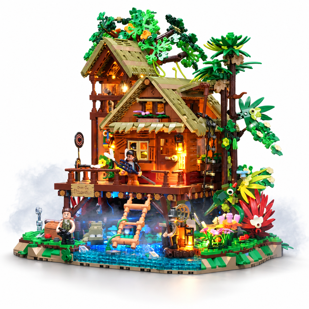 Cabane sur pilotis de la forêt tropicale, avec brume, vue principale, lumière harmonisée