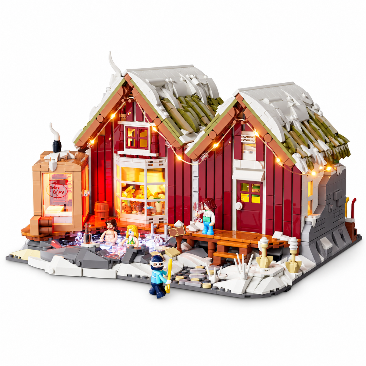 Chalet spa et source chaude, avec lumières, vue principale, lumière harmonisée