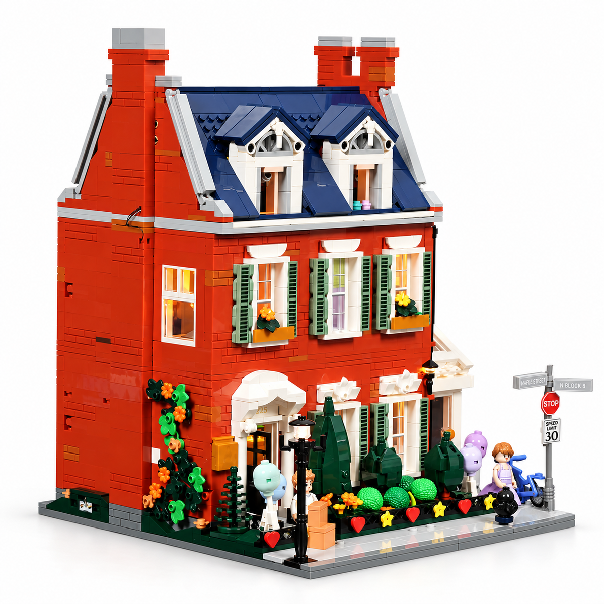 Maison de ville en briques rouges, avec lumières, vue complémentaire 6, lumière harmonisée
