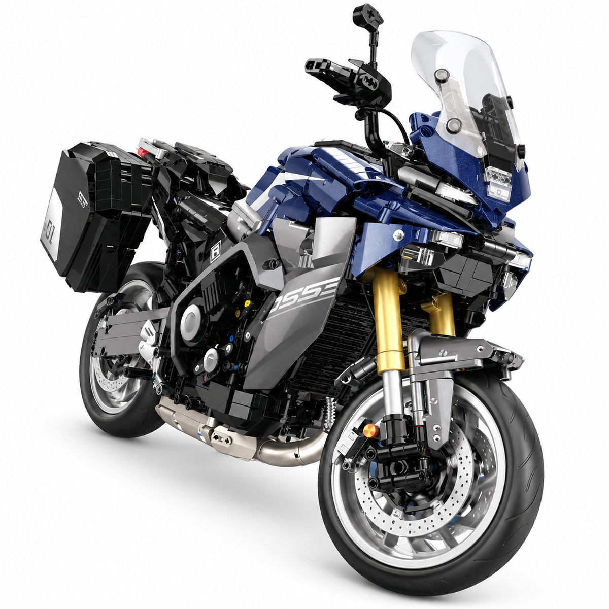 Moto de grand tourisme bleue à valises, échelle 1:5