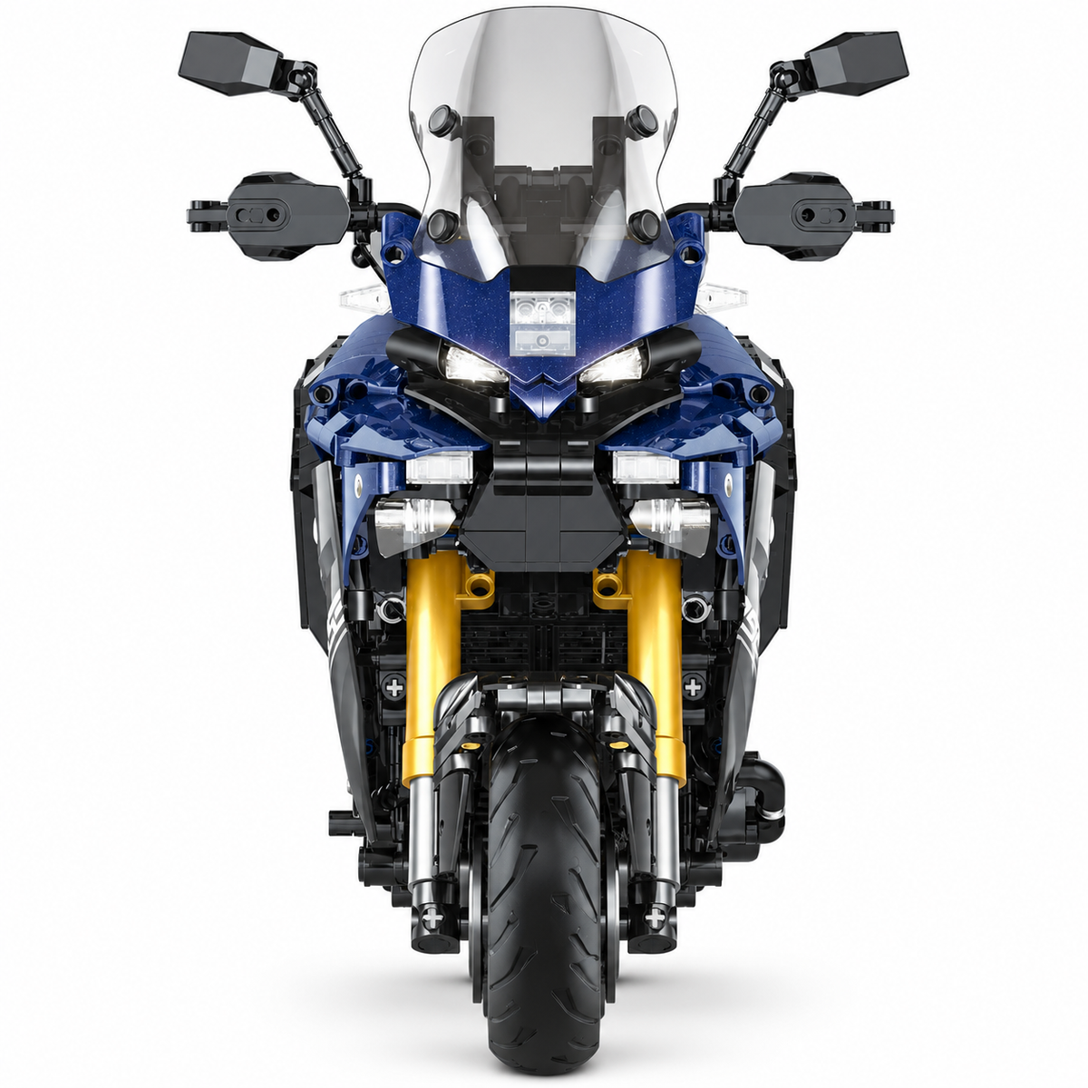 Moto de grand tourisme bleue à valises, échelle 1:5
