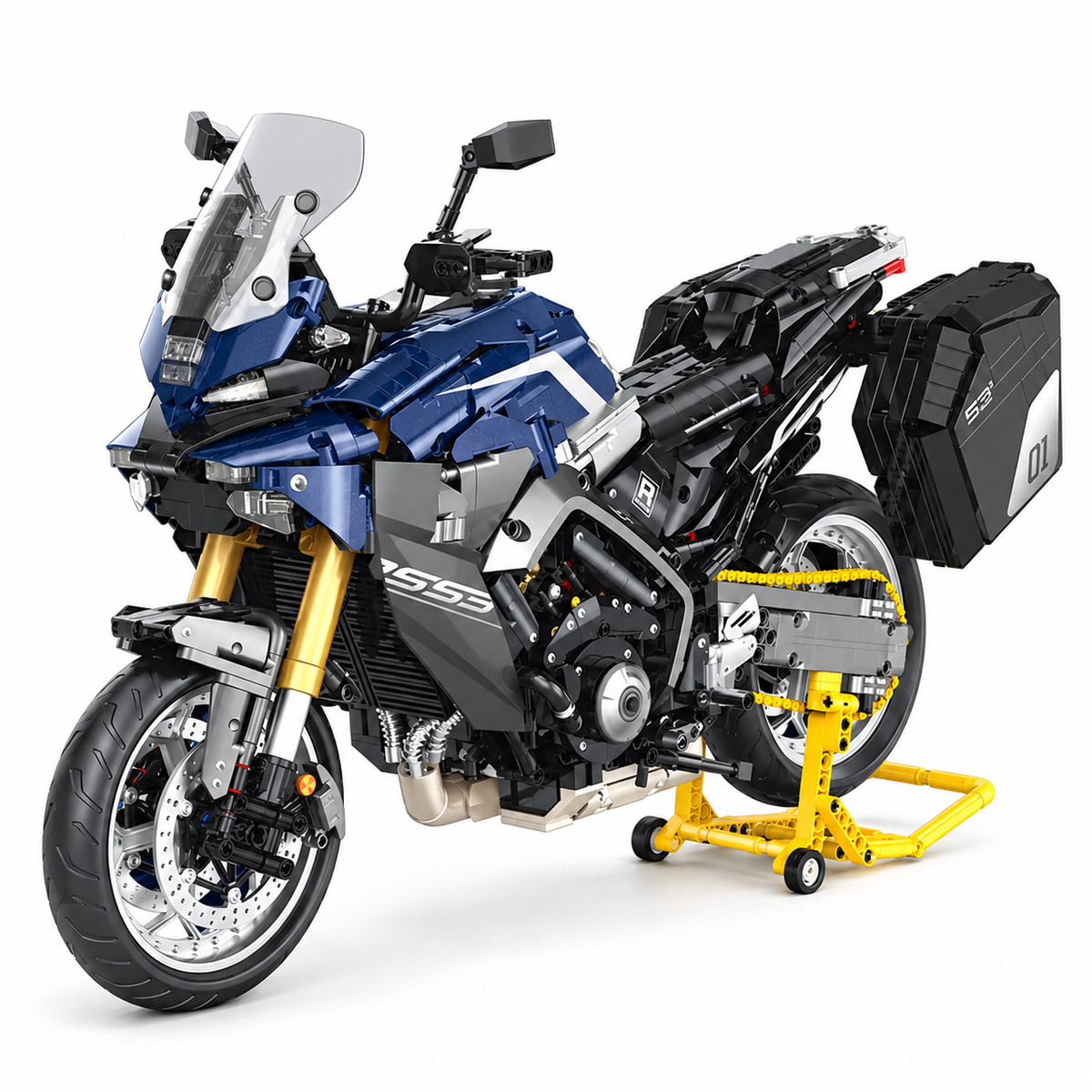 Moto de grand tourisme bleue à valises, échelle 1:5