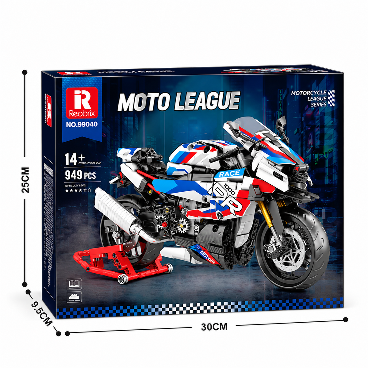 Superbike de course bleu, blanc et rouge, échelle 1:8