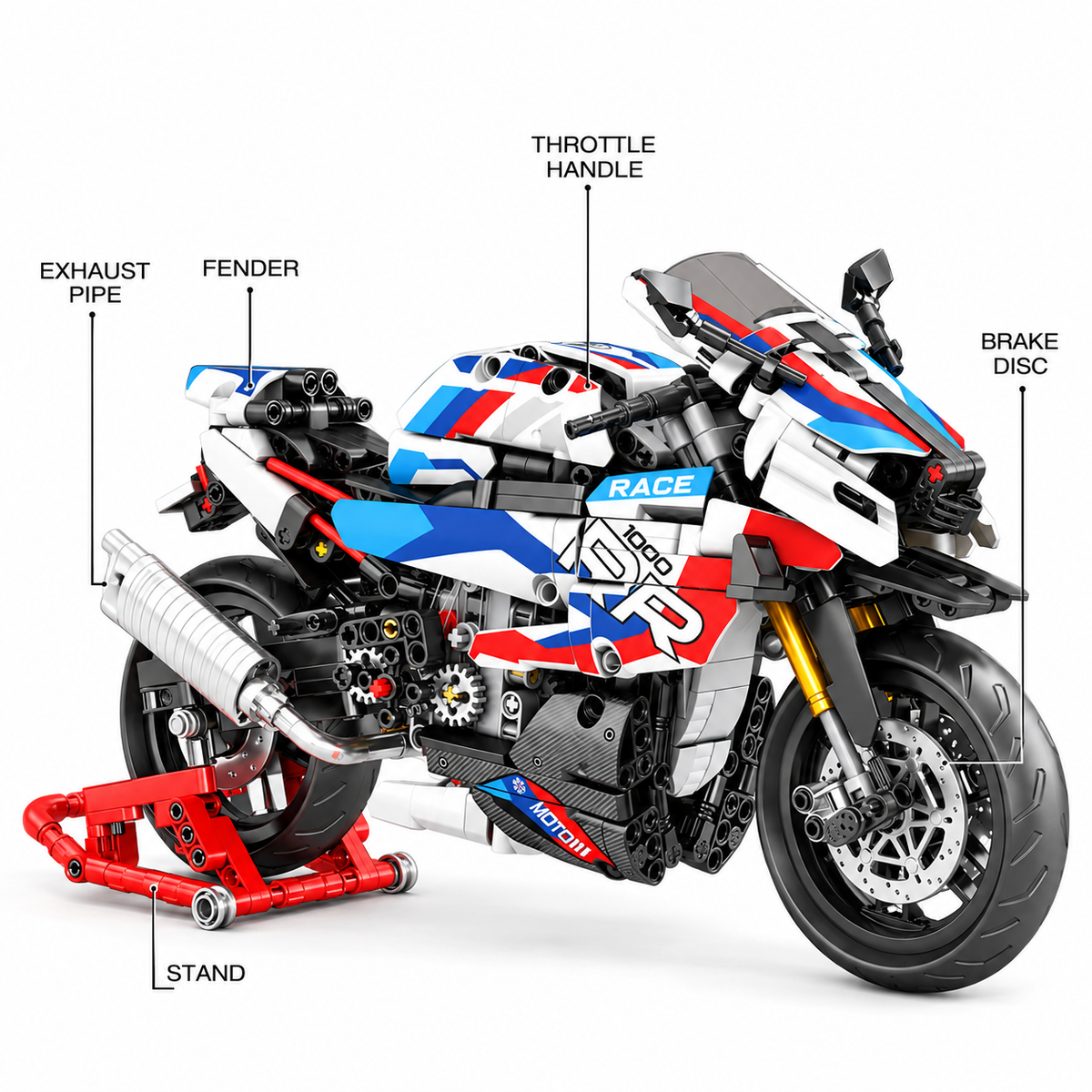 Superbike de course bleu, blanc et rouge, échelle 1:8
