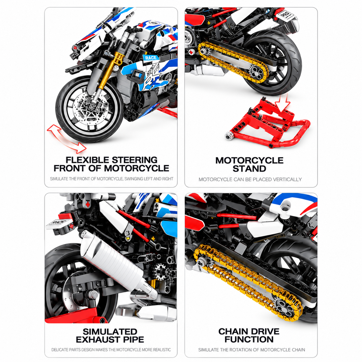 Superbike de course bleu, blanc et rouge, échelle 1:8