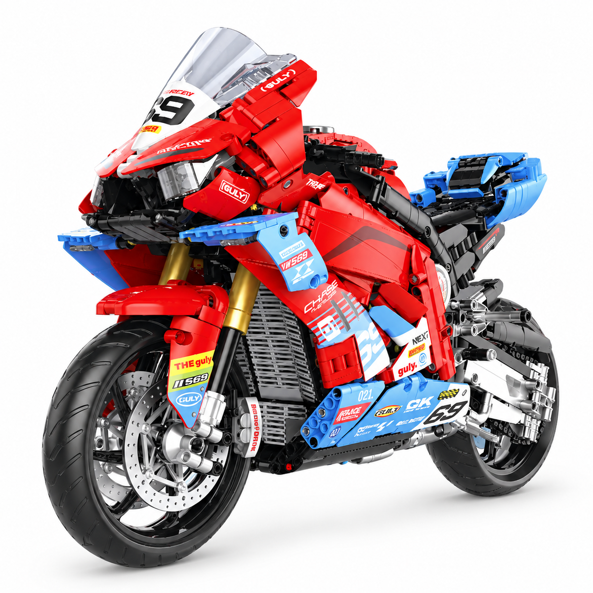 Superbike de course rouge et bleu à ailerons, échelle 1:5