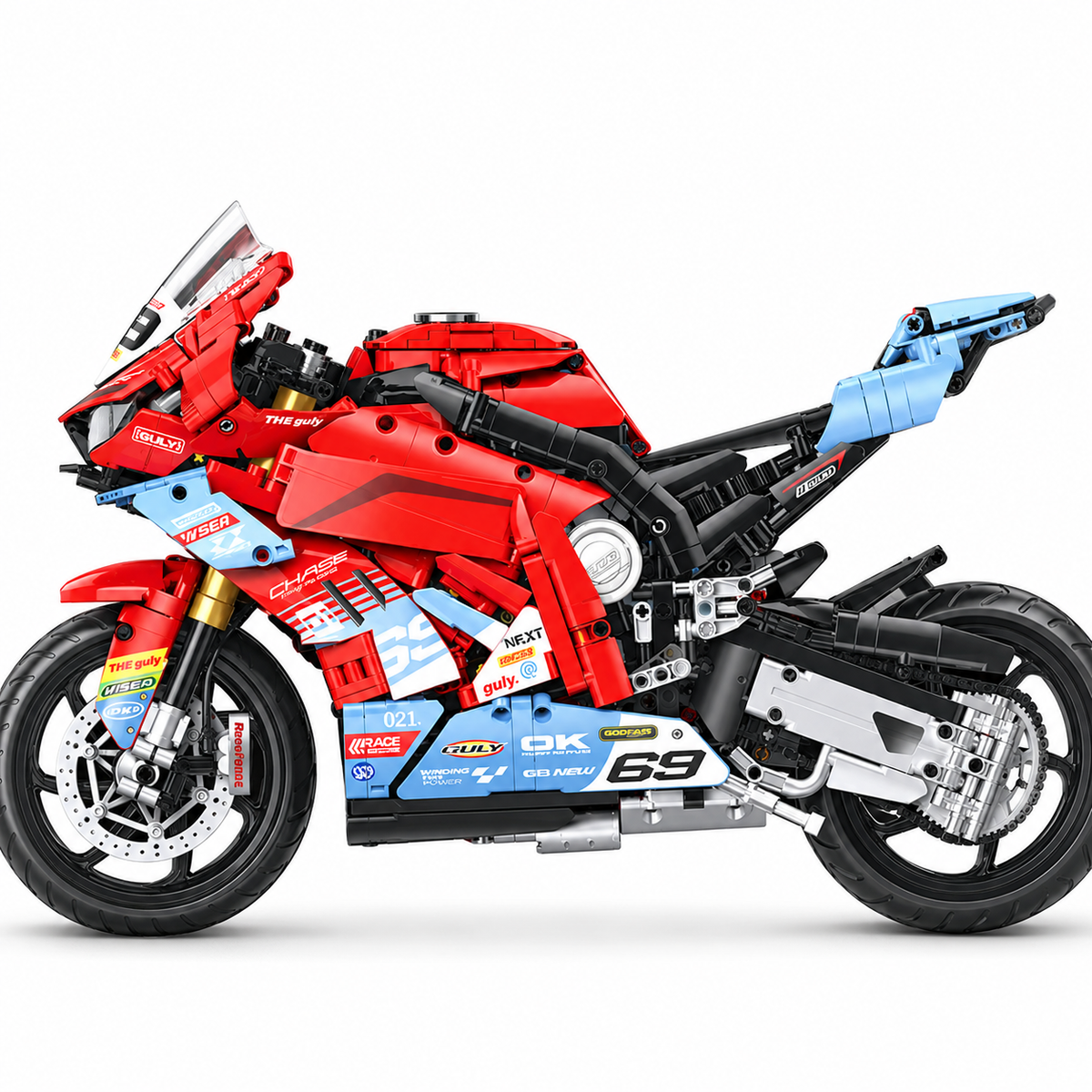 Superbike de course rouge et bleu à ailerons, échelle 1:5