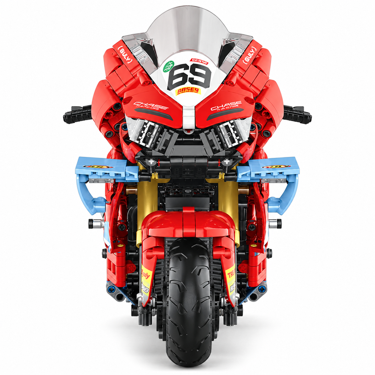 Superbike de course rouge et bleu à ailerons, échelle 1:5