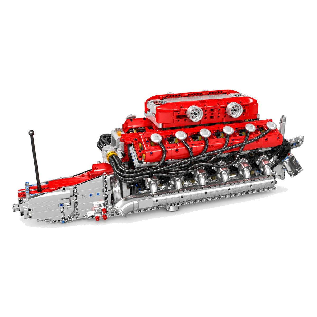 Moteur V12 de supercar, maquette fonctionnelle en briques, vue de trois quarts