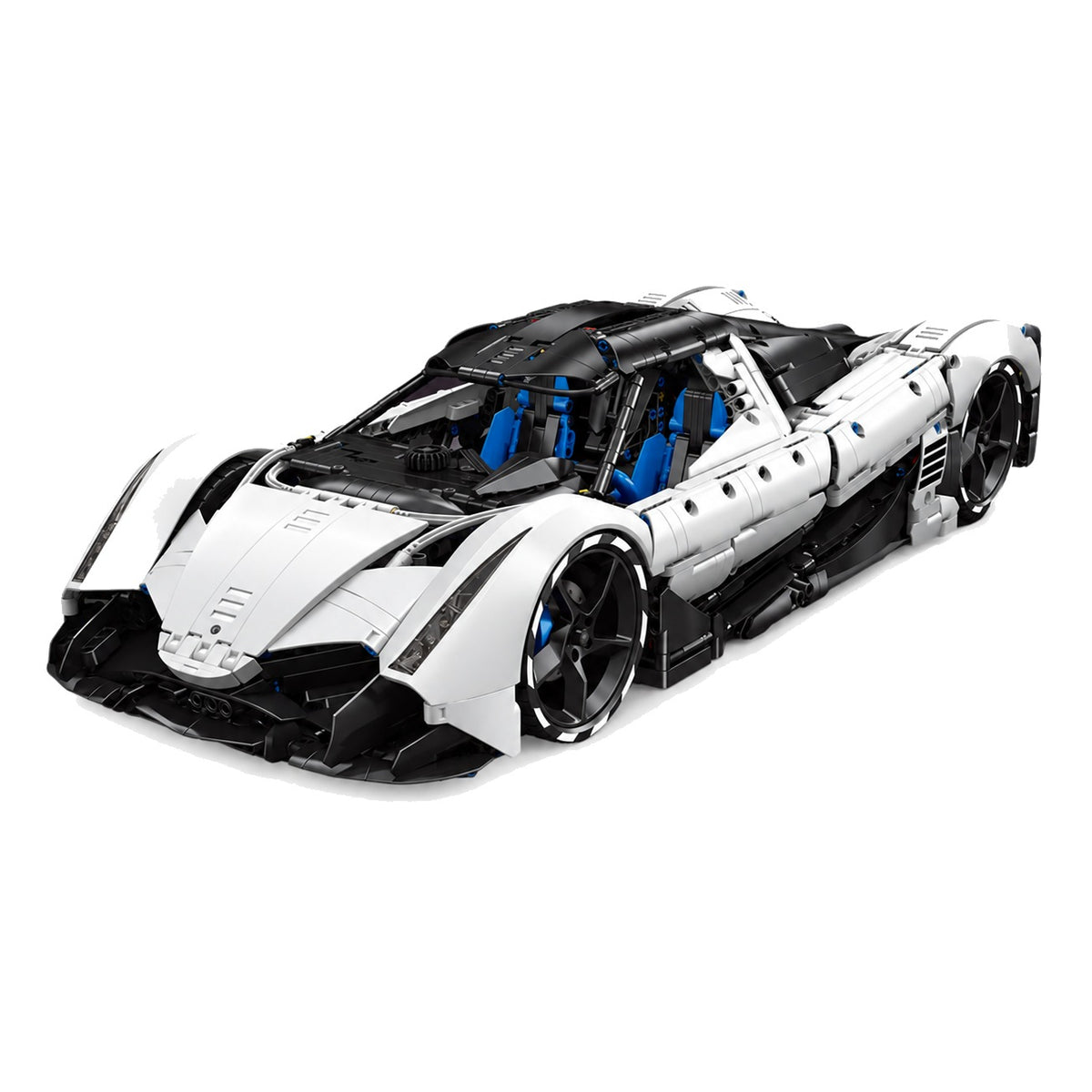 Hypercar V16 blanche 1:8 en briques, vue de trois quarts