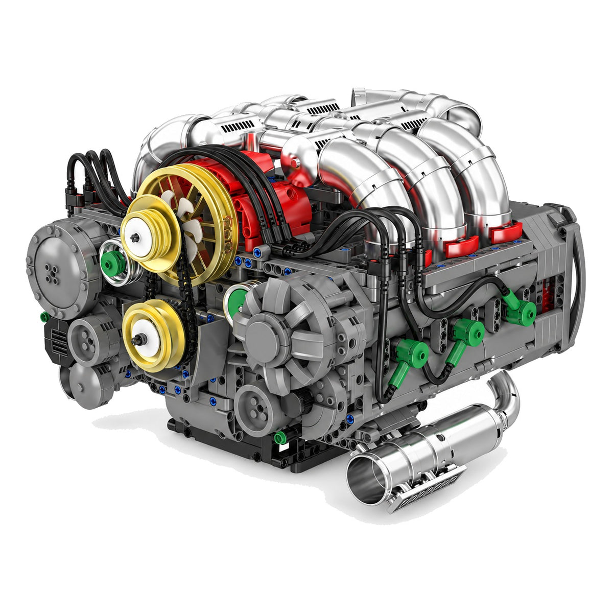 Moteur 6 cylindres à plat, maquette motorisée en briques, vue de trois quarts