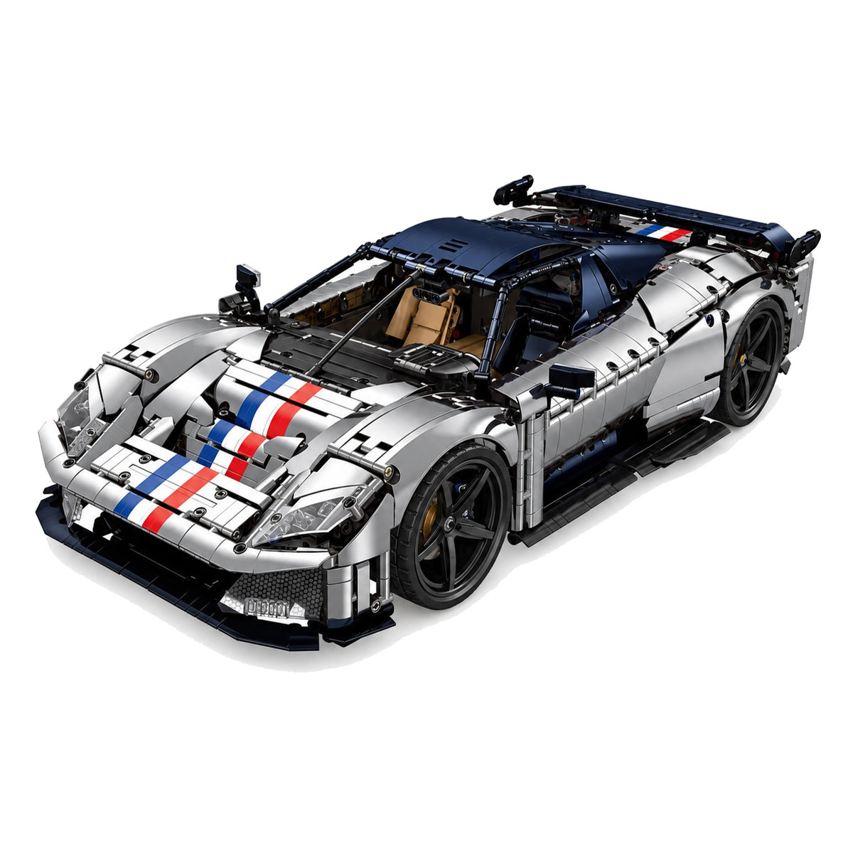 Hypercar grise à bandes tricolores 1:8 en briques, vue de trois quarts