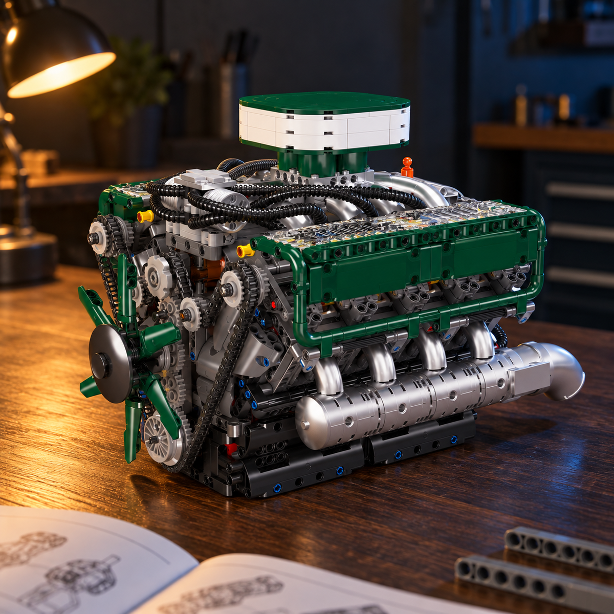 Ambiance – Moteur V8 de char, maquette motorisée sur l'établi, notice et pièces