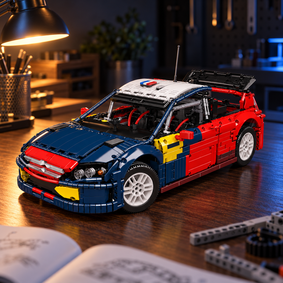 Ambiance – Voiture de rallye 1:8, arceau de sécurité sur l'établi, notice et pièces