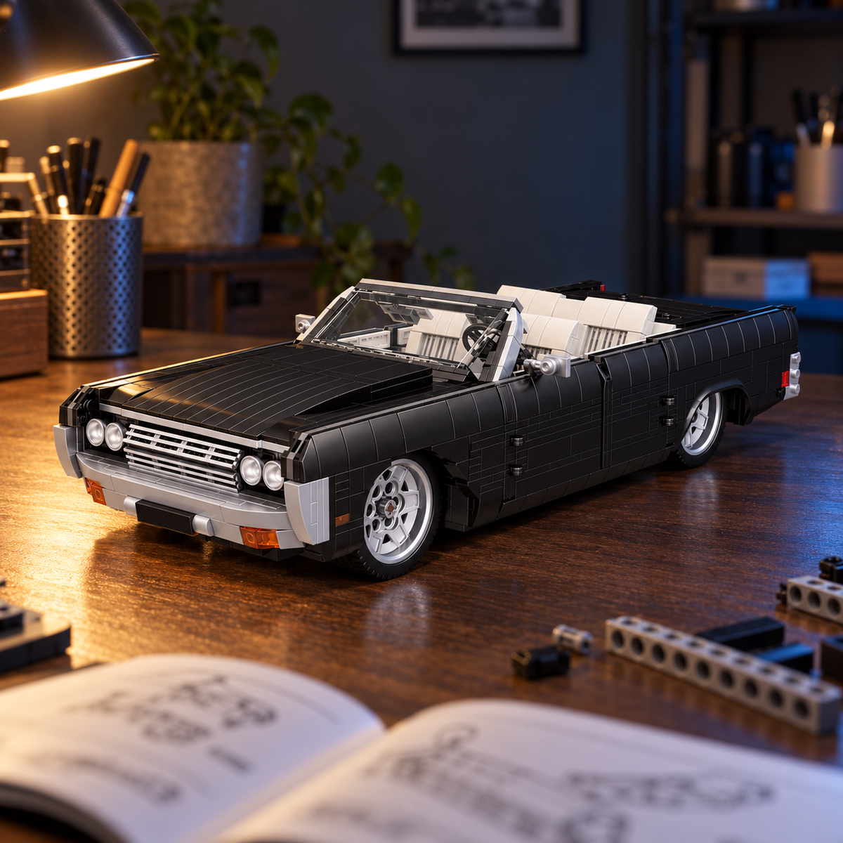 Ambiance – Cabriolet rétro noir, toit amovible sur l'établi, notice et pièces