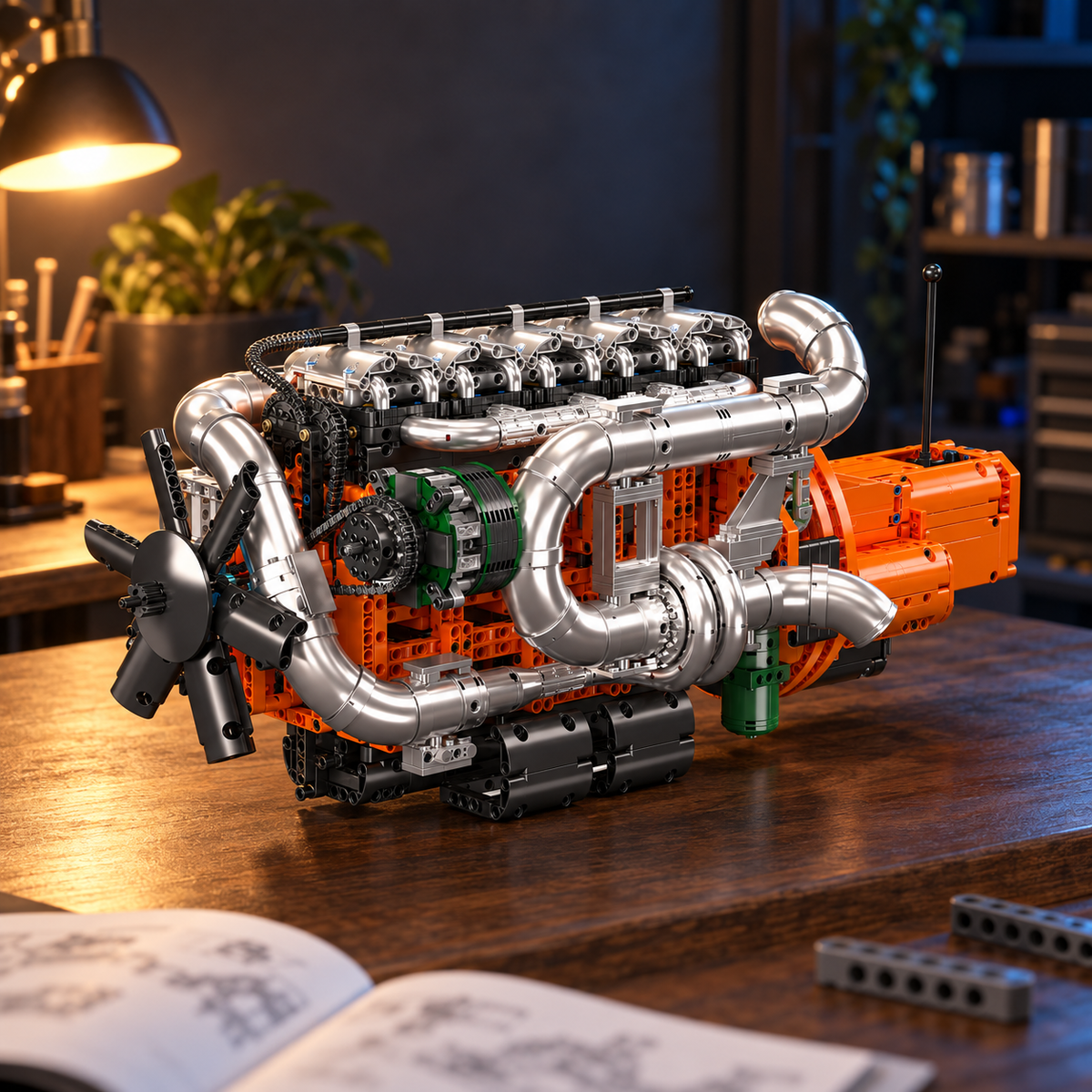 Ambiance – Moteur de camion six cylindres et transmission, maquette sur l'établi, notice et pièces