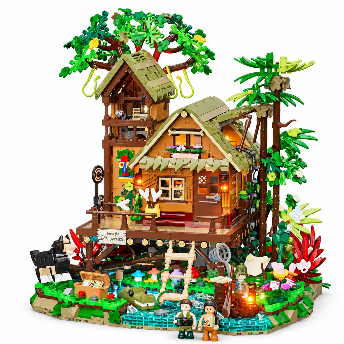 Cabane sur pilotis de la forêt tropicale, avec brume, vue complémentaire 2, lumière harmonisée