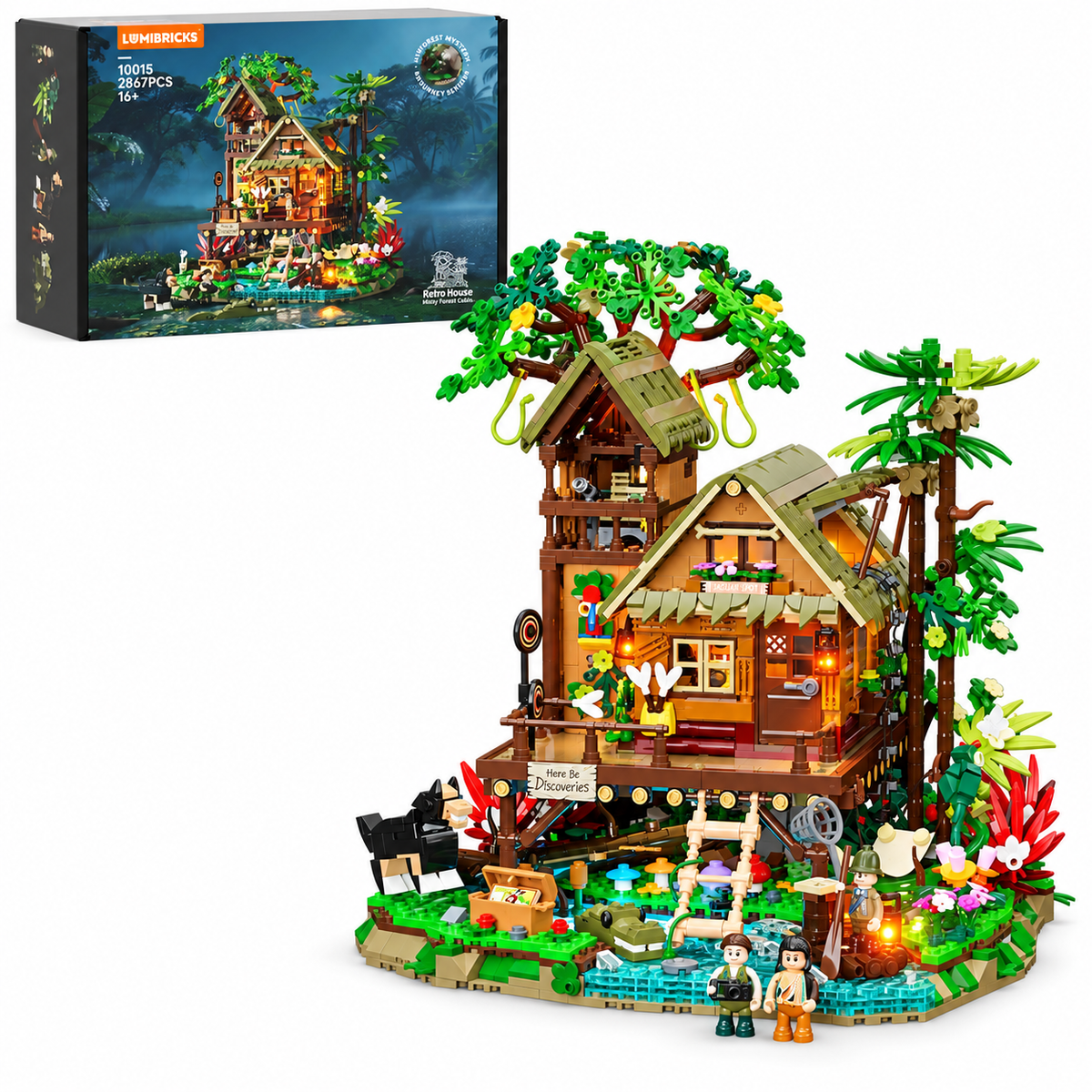 Cabane sur pilotis de la forêt tropicale, avec brume, vue complémentaire 3, lumière harmonisée