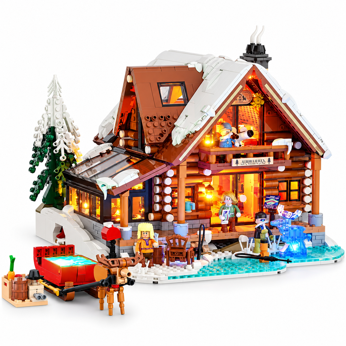 Chalet nordique et dôme des aurores, avec lumières, vue principale, lumière harmonisée
