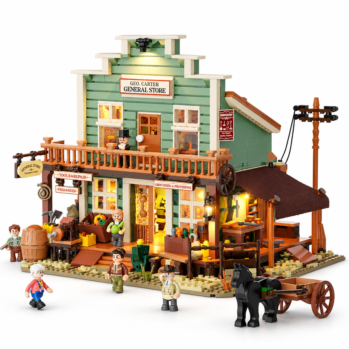 Épicerie du Far West, avec lumières, vue principale, lumière harmonisée