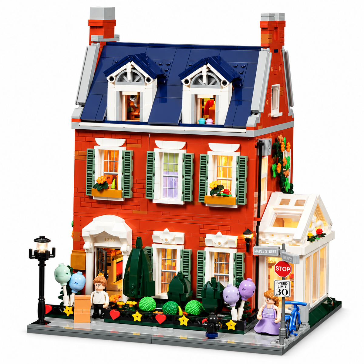 Maison de ville en briques rouges, avec lumières, vue complémentaire 3, lumière harmonisée