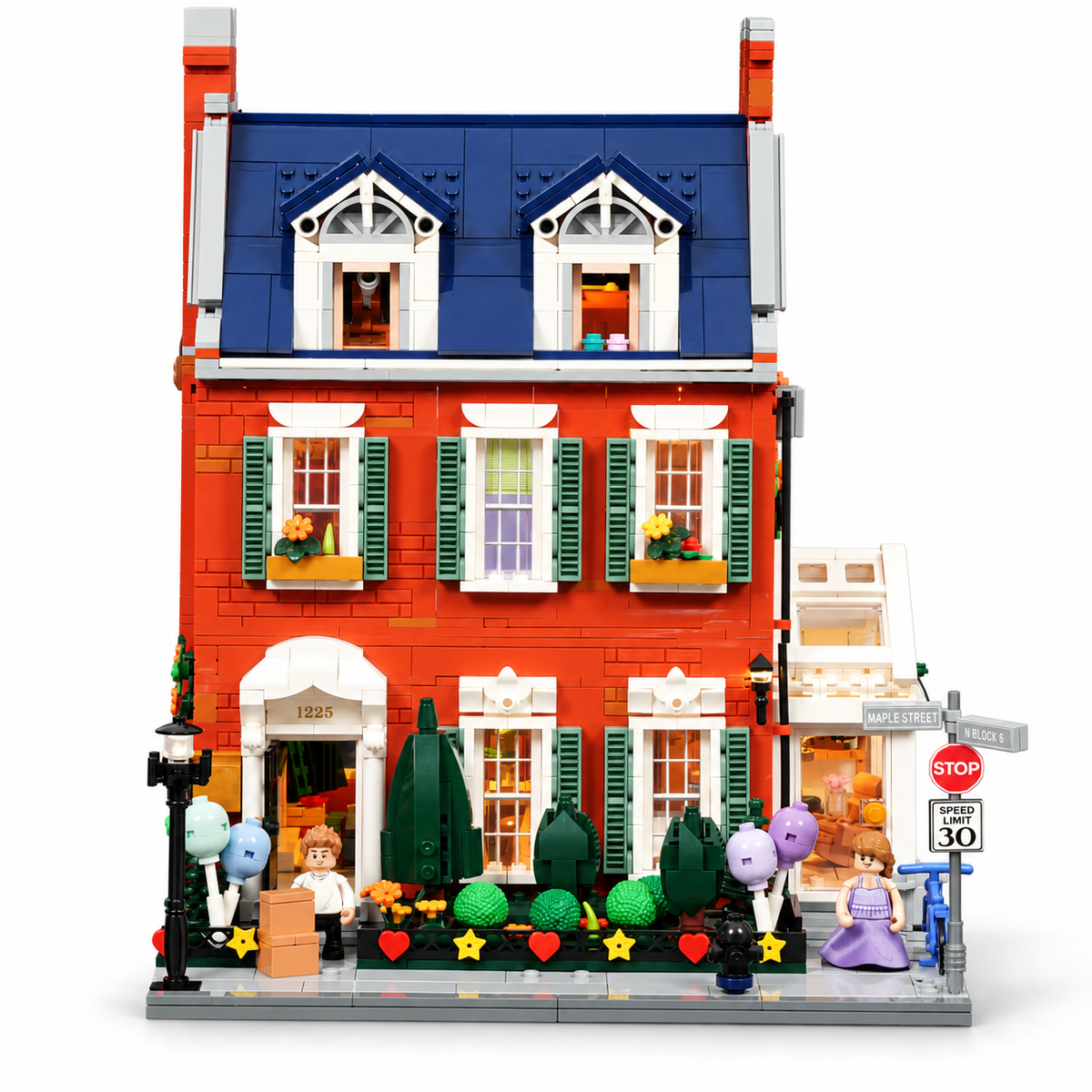 Maison de ville en briques rouges, avec lumières, vue complémentaire 5, lumière harmonisée