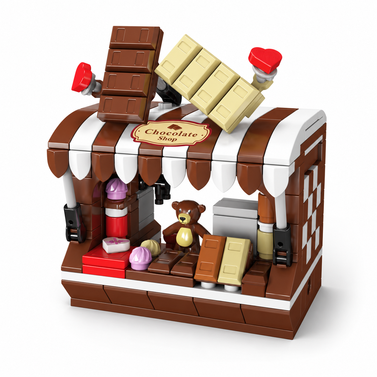 Mini façade de rue : chocolaterie et ses deux figurines, vue principale, lumière harmonisée