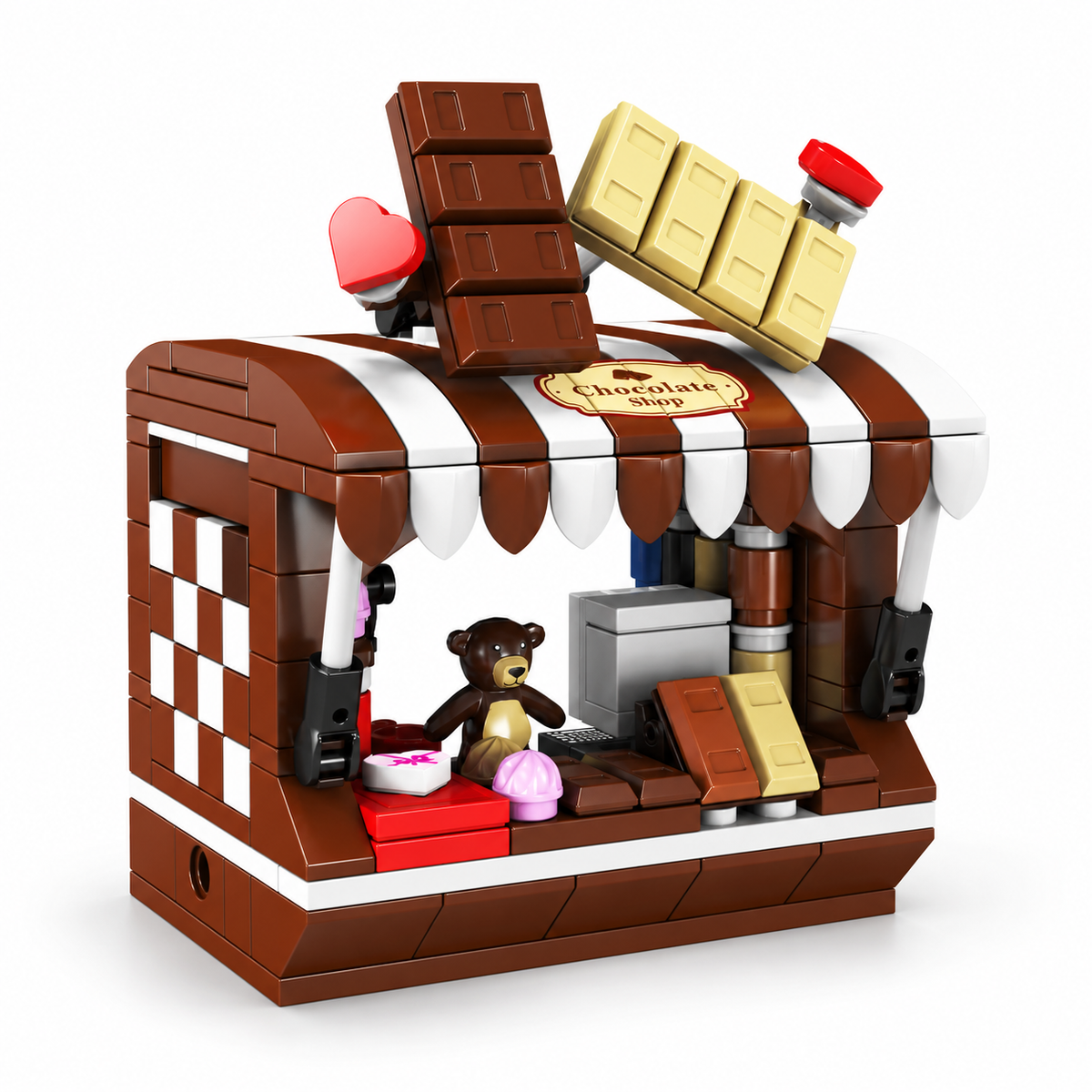 Mini façade de rue : chocolaterie et ses deux figurines, vue complémentaire 2, lumière harmonisée