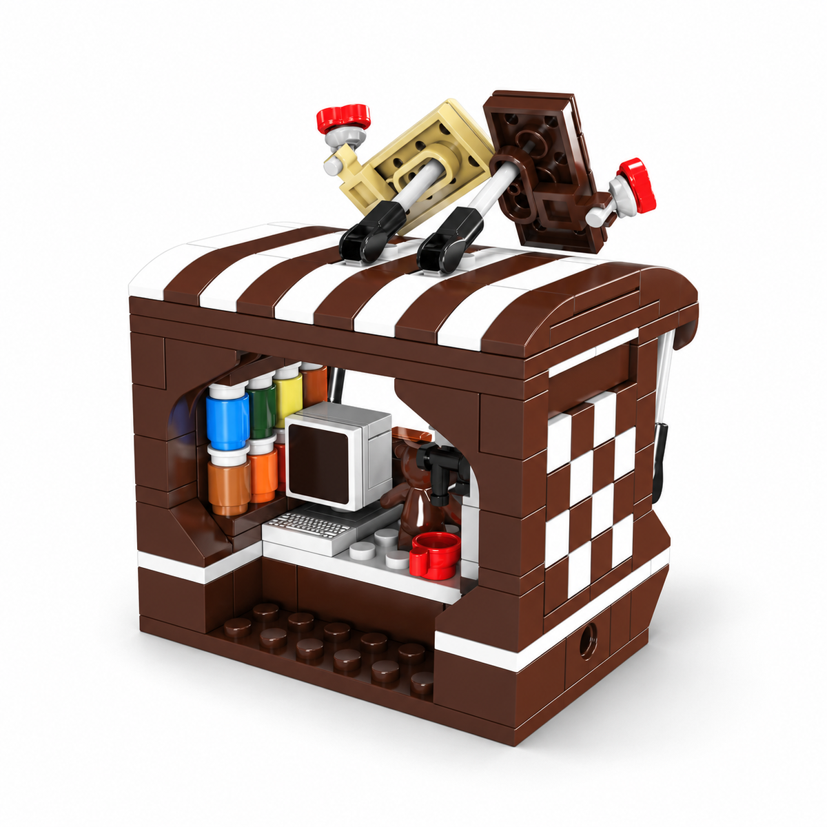 Mini façade de rue : chocolaterie et ses deux figurines, vue complémentaire 3, lumière harmonisée