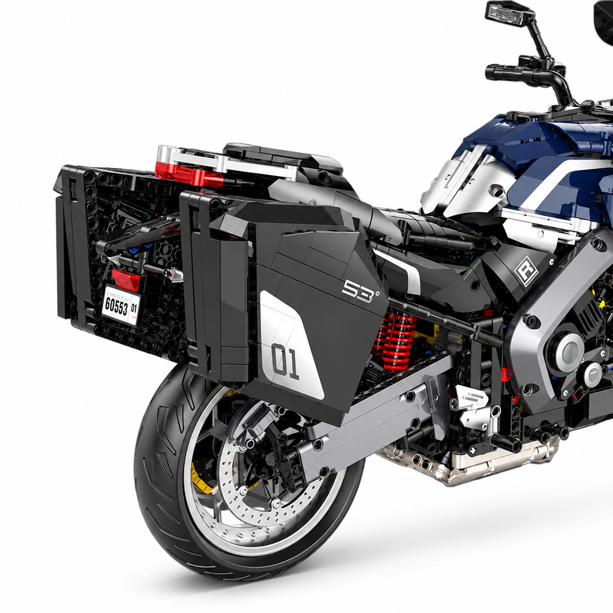 Moto de grand tourisme bleue à valises, échelle 1:5