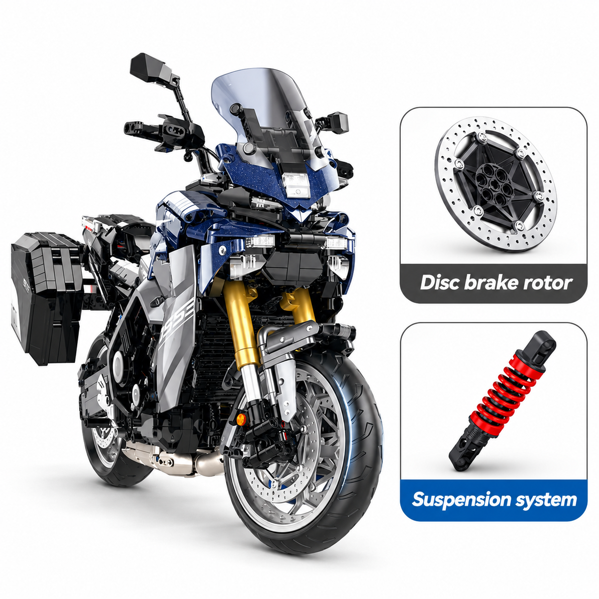 Moto de grand tourisme bleue à valises, échelle 1:5