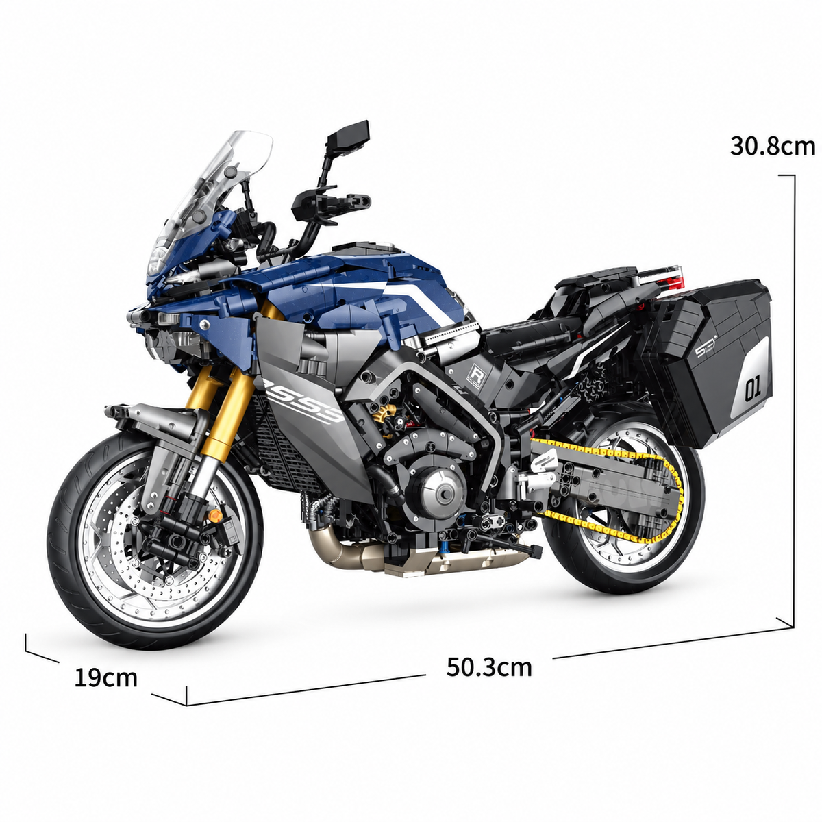 Moto de grand tourisme bleue à valises, échelle 1:5