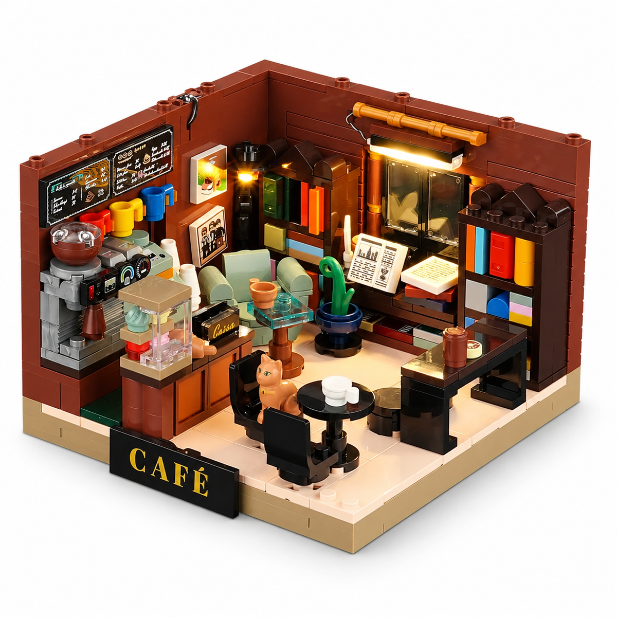 Petit café-librairie en boîte, avec lumières, vue principale, lumière harmonisée