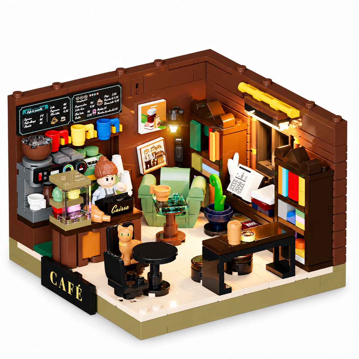Petit café-librairie en boîte, avec lumières, vue complémentaire 4, lumière harmonisée