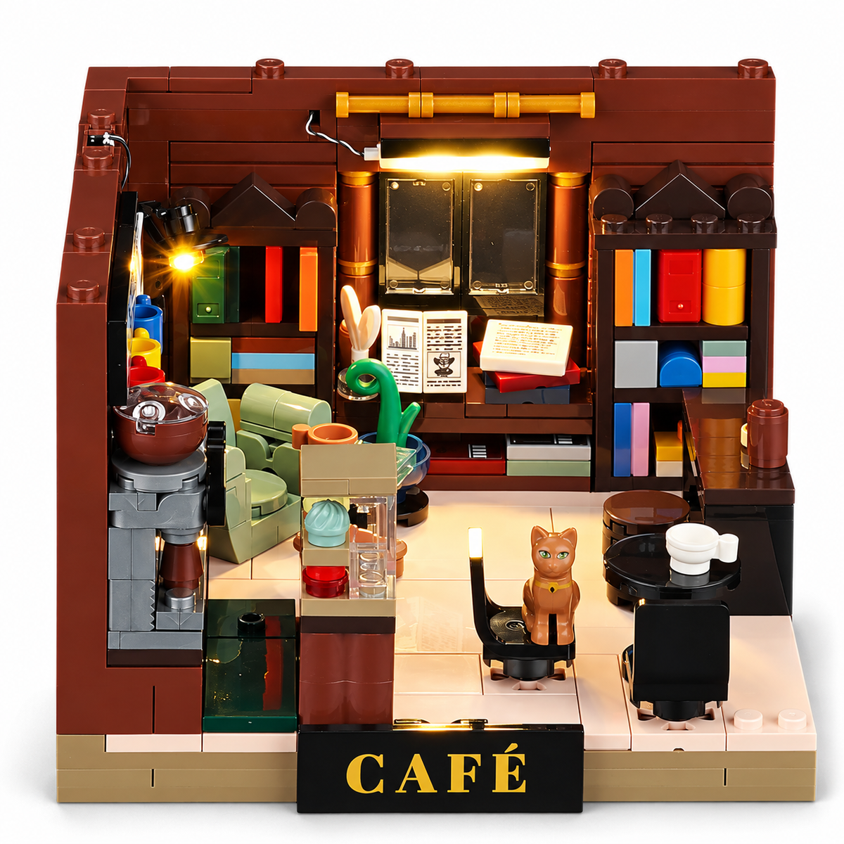 Petit café-librairie en boîte, avec lumières, vue complémentaire 6, lumière harmonisée