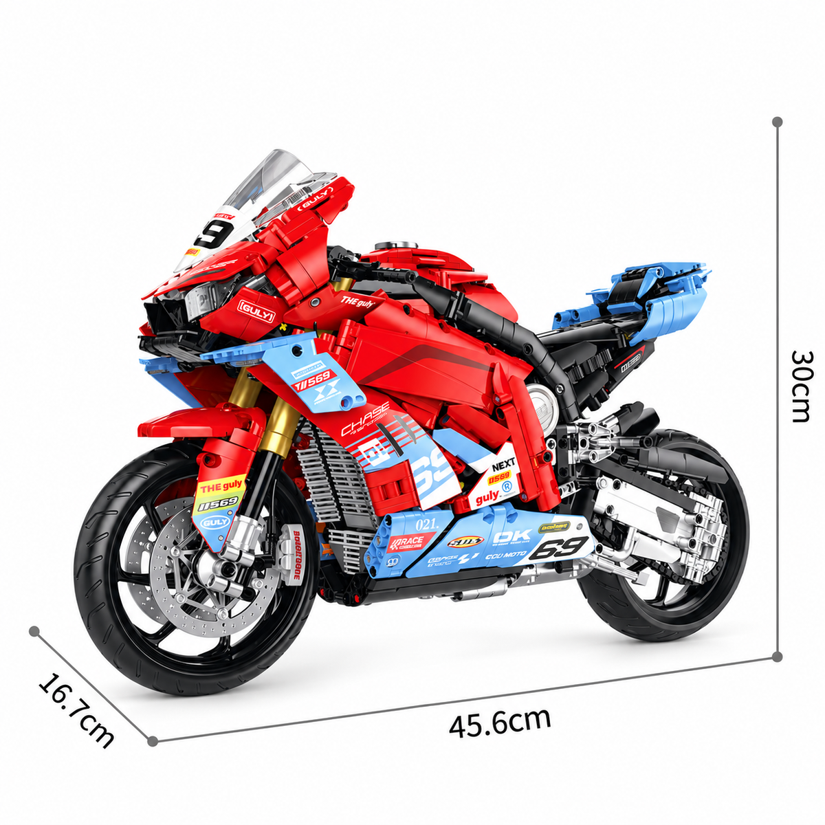 Superbike de course rouge et bleu à ailerons, échelle 1:5