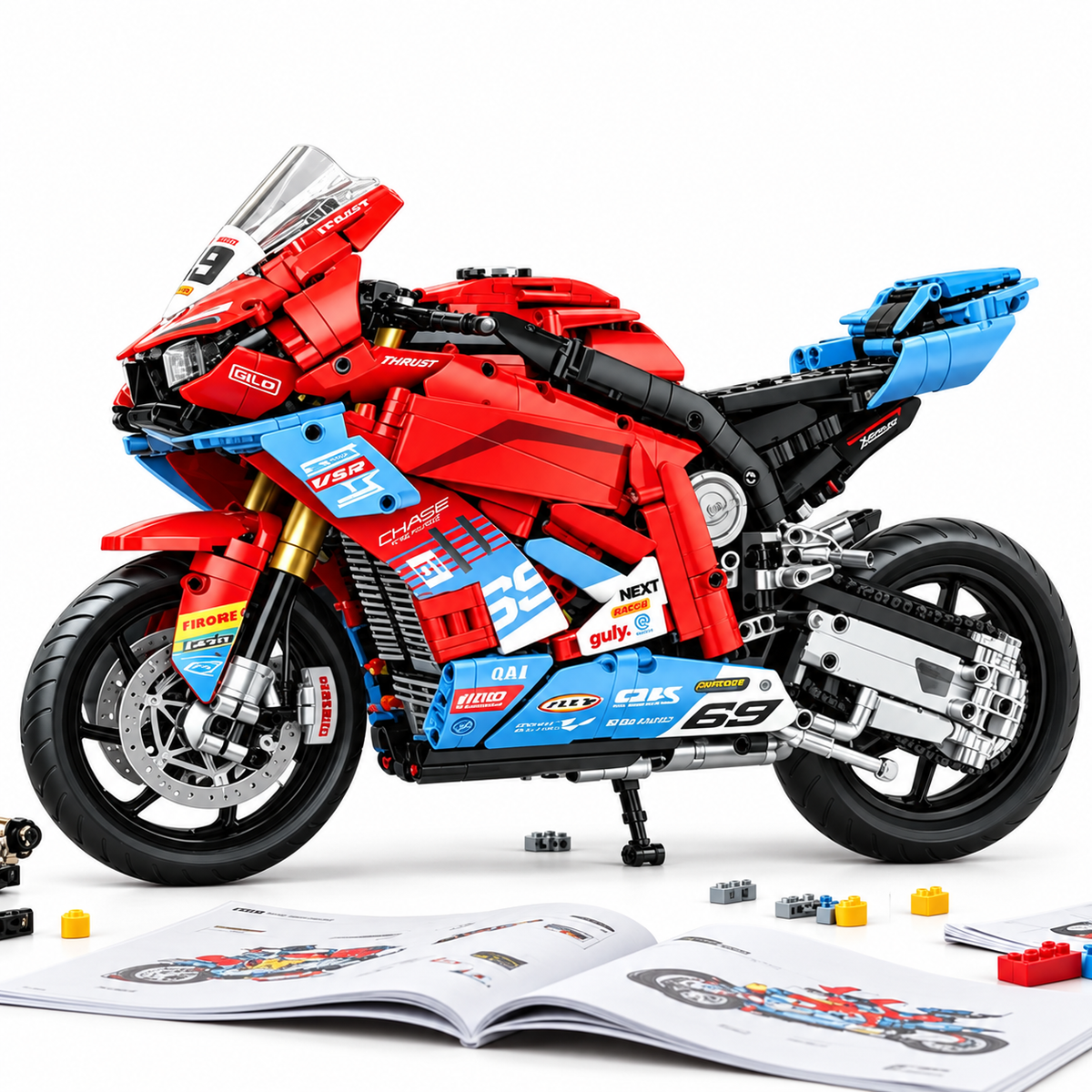 Superbike de course rouge et bleu à ailerons, échelle 1:5