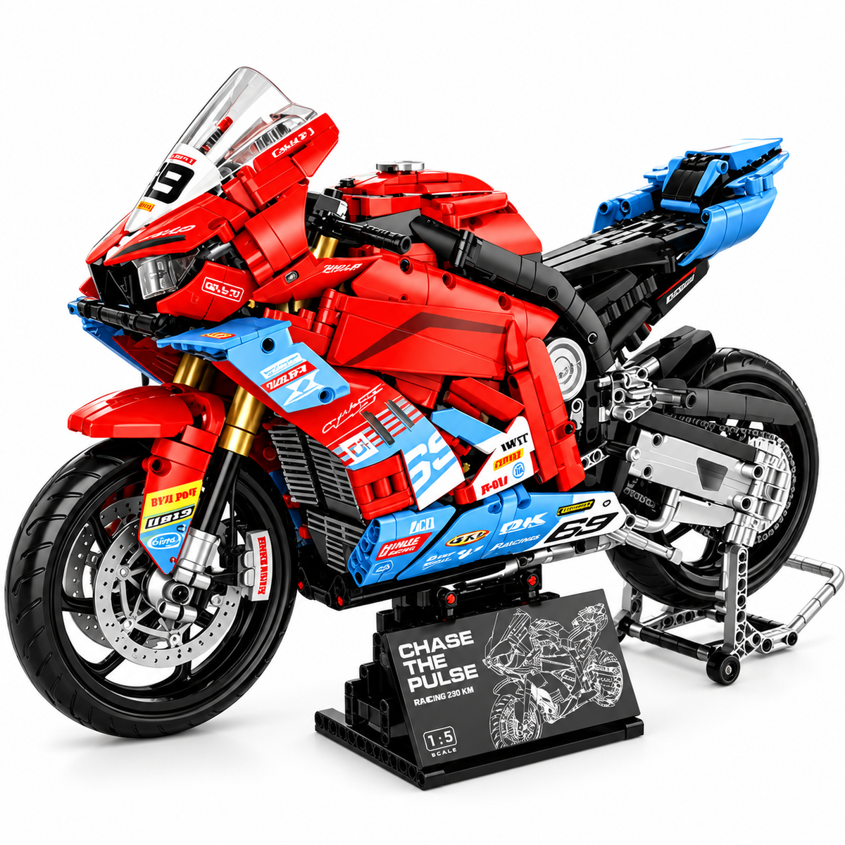 Superbike de course rouge et bleu à ailerons, échelle 1:5