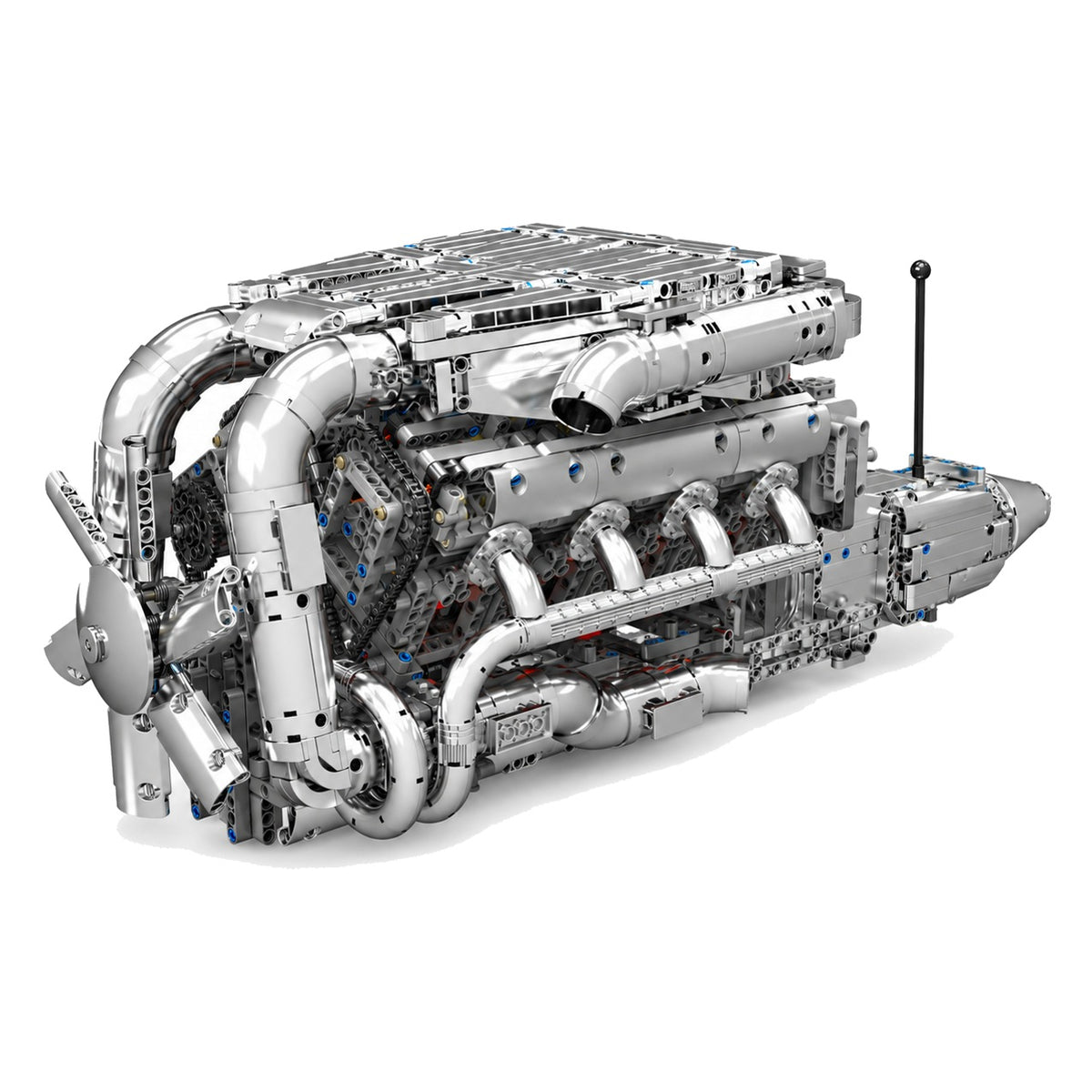 Moteur et boîte de vitesses d'hypercar, maquette motorisée en briques, vue de trois quarts