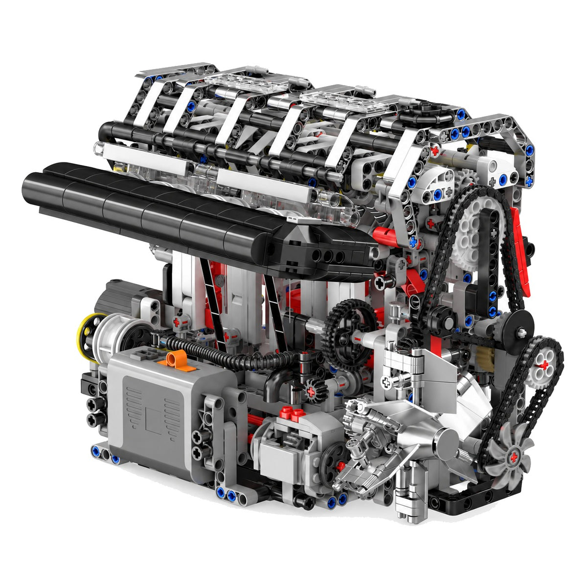 Moteur 4 cylindres à essence, maquette motorisée en briques, vue de trois quarts