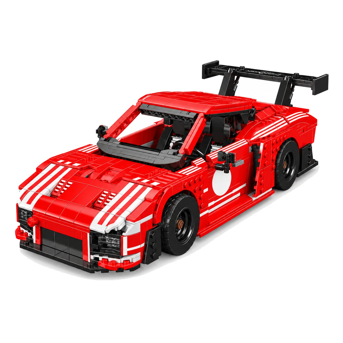 Voiture de course d'endurance allemande, rouge et blanche en briques, vue de trois quarts