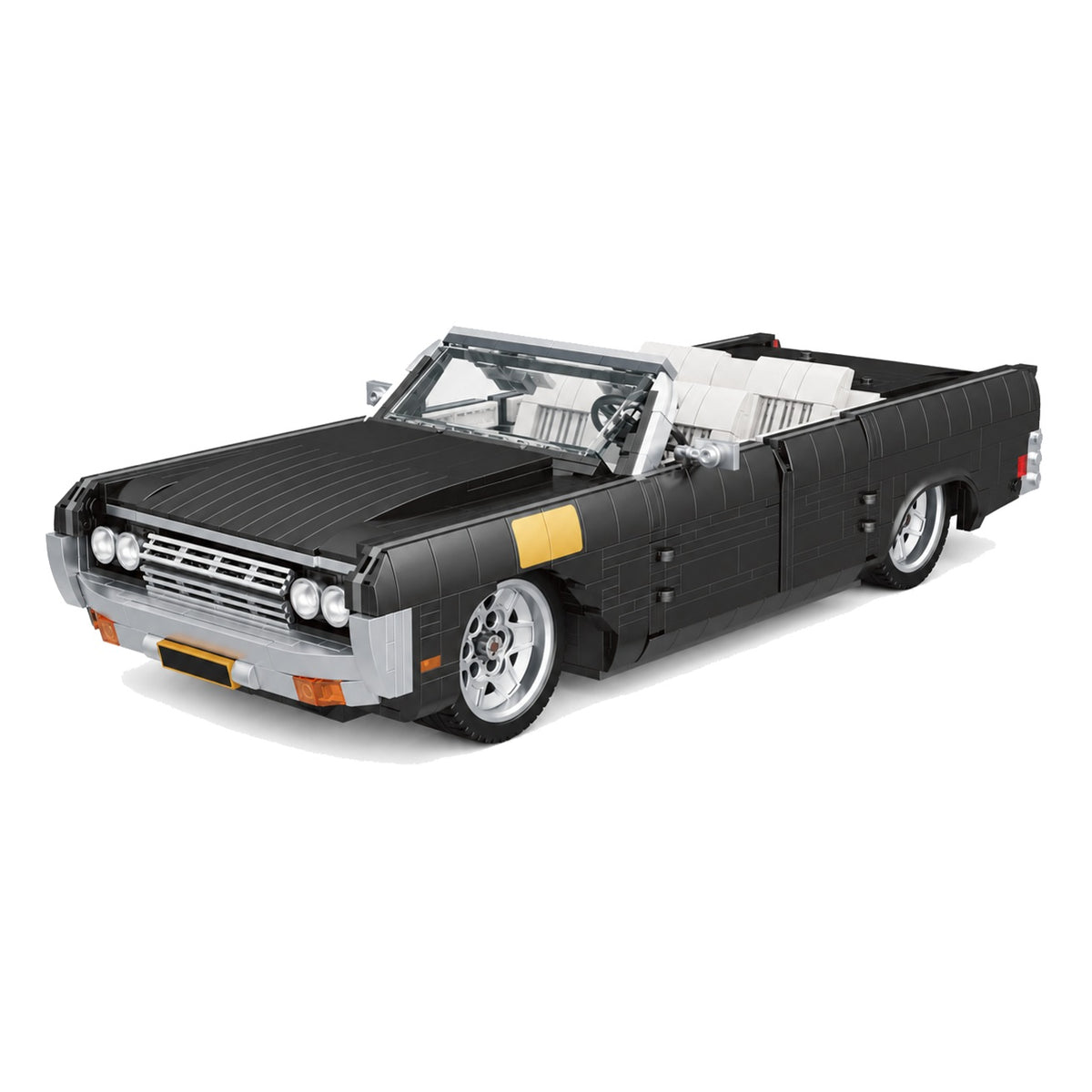 Cabriolet rétro noir, toit amovible en briques, vue de trois quarts