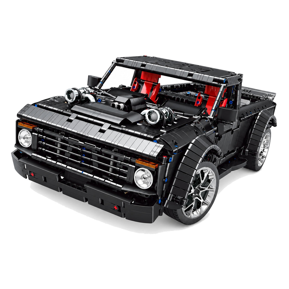 Pick-up musclé télécommandé 1:8, double turbo en briques, vue de trois quarts
