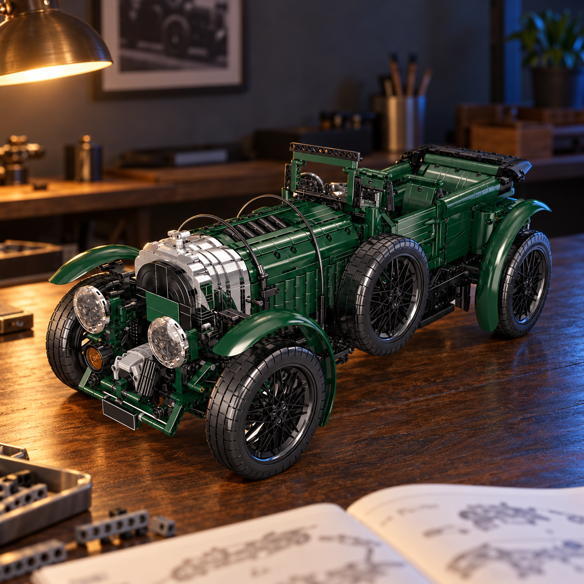 Ambiance – Voiture de course vintage 1930 télécommandée sur l'établi, notice et pièces