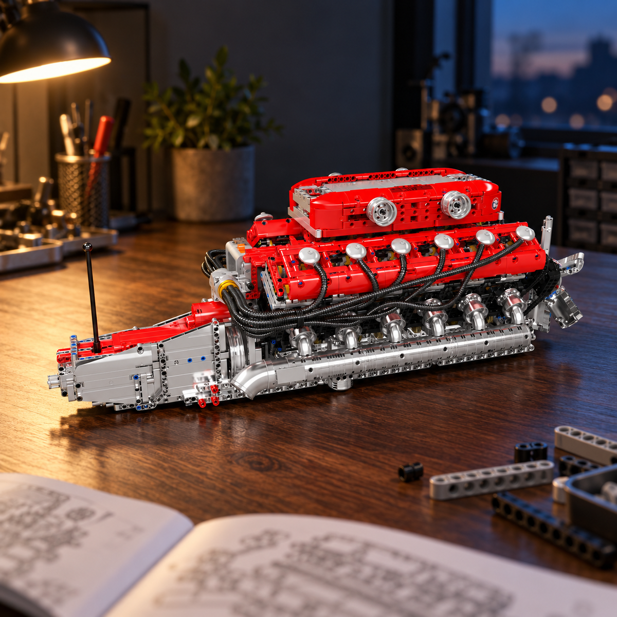 Ambiance – Moteur V12 de supercar, maquette fonctionnelle sur l'établi, notice et pièces
