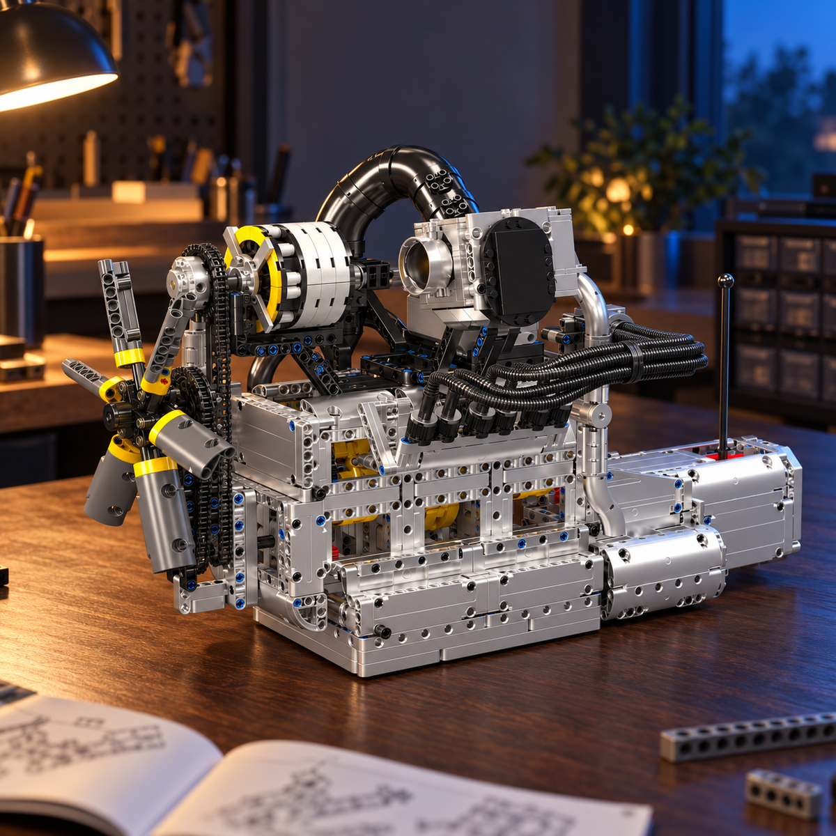Ambiance – Moteur rotatif et boîte de vitesses, maquette motorisée sur l'établi, notice et pièces